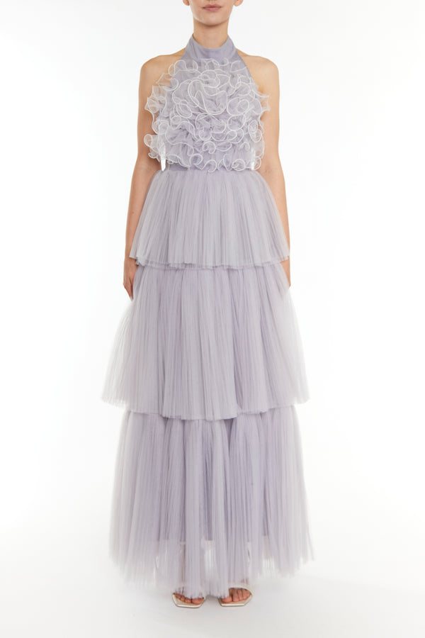 Tiffany Icy Lilac Grey Tiered Ruffle Corsage Maxi Dress
