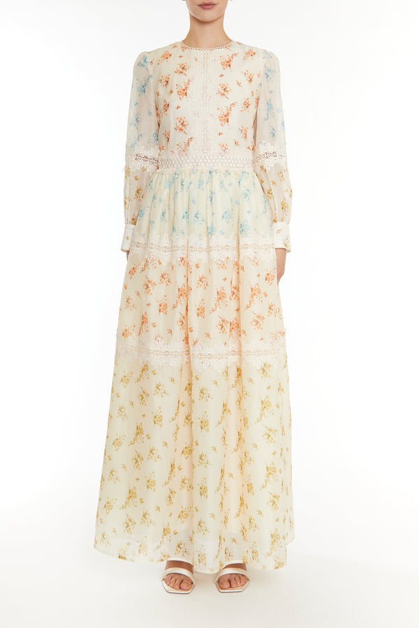 Joanna Cream Patchwork Floral Long Sleeve Maxi Dress