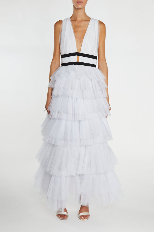 Eliza White Plunging Neck Layered Tulle Skirt Maxi-Dress