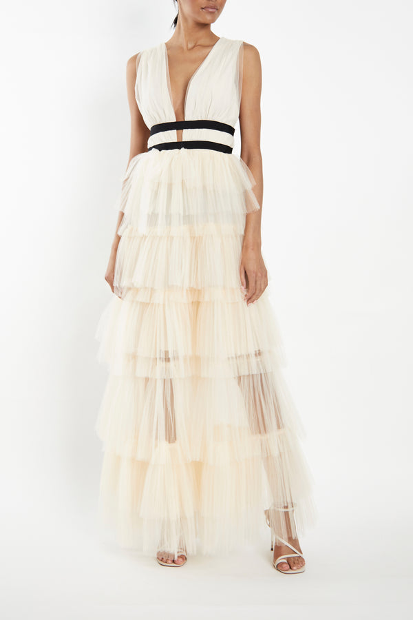 Eliza Pearl Plunging Neck Layered Tulle Skirt Maxi-Dress