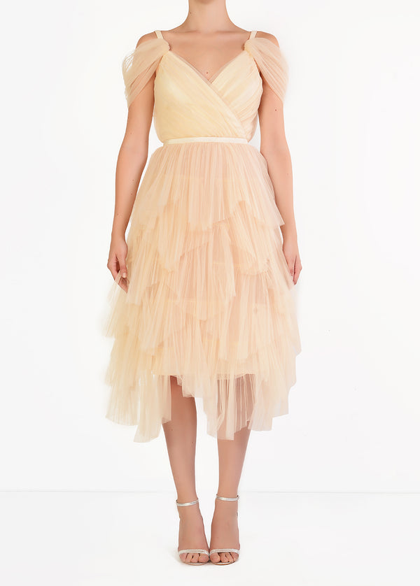 Isla Cream Pleated Petal Skirt Midi-Dress