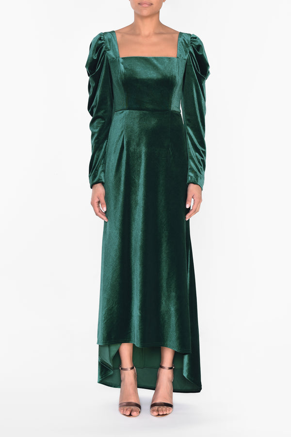 Emerald Green Velvet Maxi Dress with Extravagant Shoulders