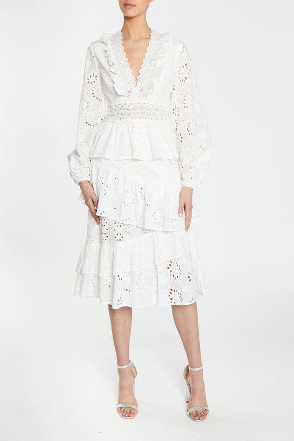 Grace White-Broderie Lace Trim Tiered Midi-Dress