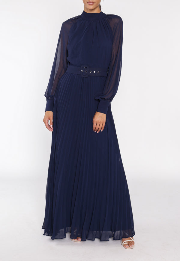 Mabel Navy Belted Pleated Long-Sleeve Maxi-Dress