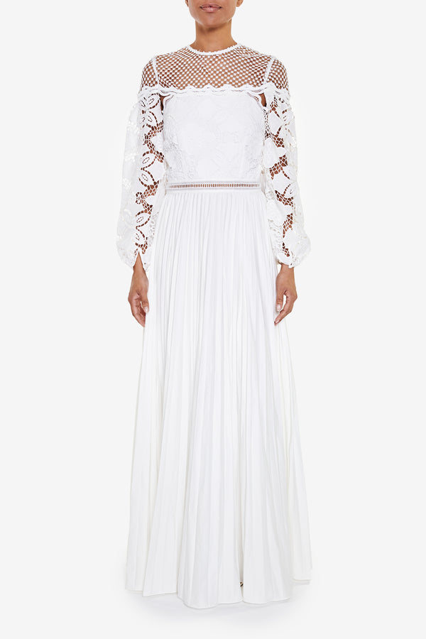 White Lace and Pleated Maxi Dress