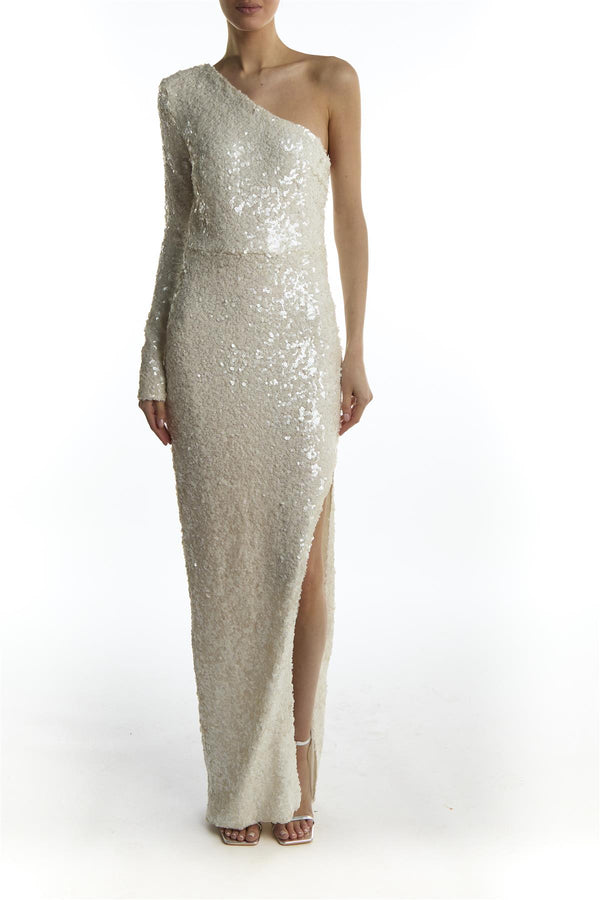 White-Sequin Ellen Asymmetric-Sleeve Side Split Maxi-Dress