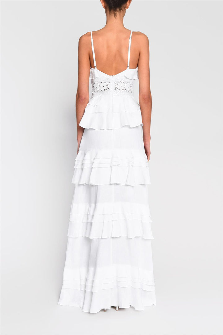 Sophia White Plunge Front Tiered Ruffle Maxi-Dress Sophia White Plunge Front Tiered Ruffle Maxi-Dress