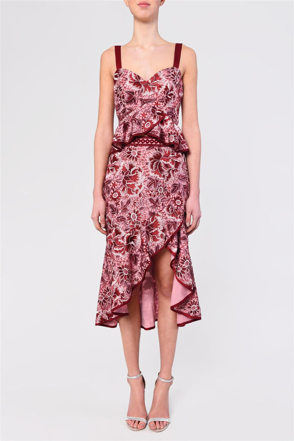 Felicity Pink Burgundy Lace Peplum Hi-Low Dress