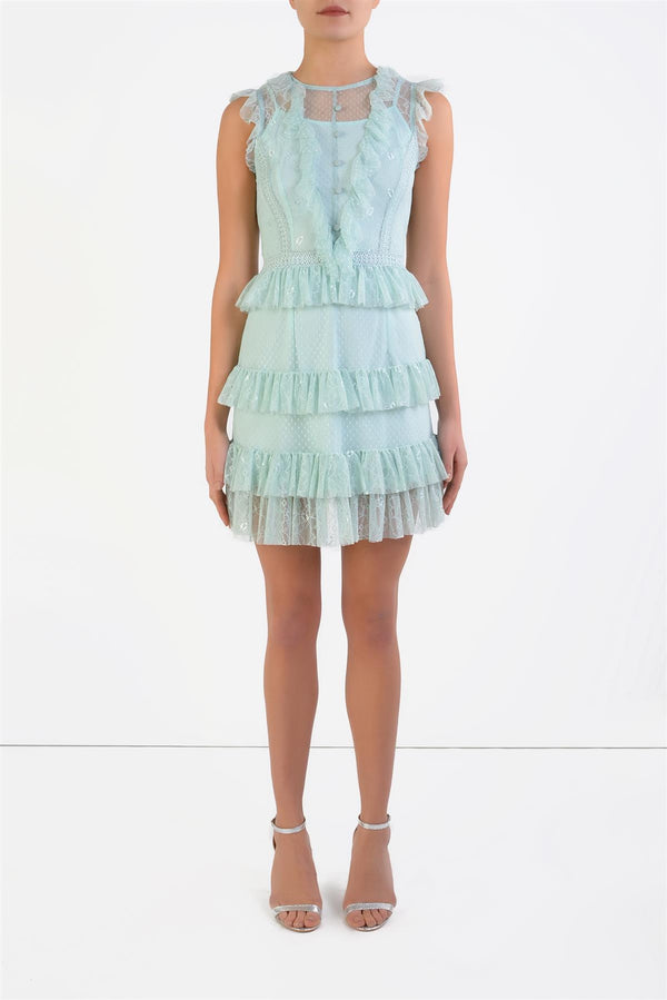 Erin Icy Mint Lace Ruffle Button Mini Dress