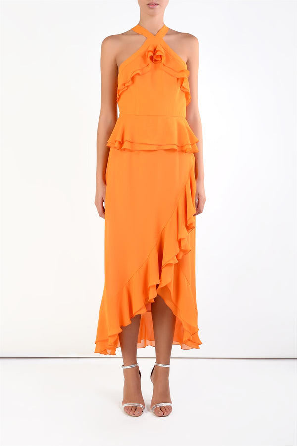 Kelly Orange Ruffle Halterneck Midi Dress