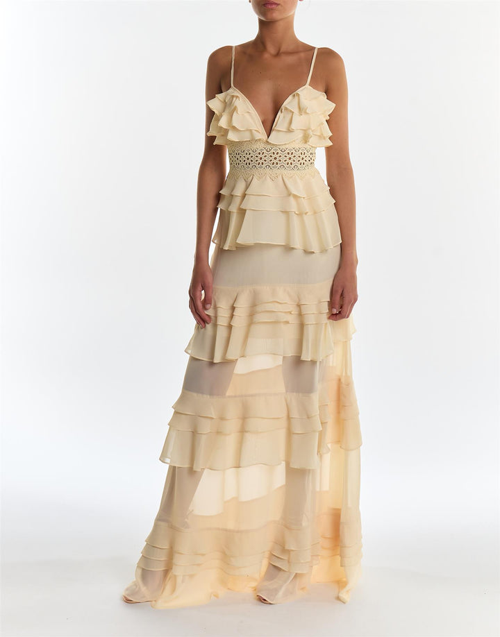 Sophia Butter Yellow Tiered Ruffle Maxi Dress