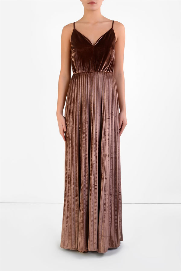 Gwen Copper Velvet Pleated Velvet Maxi Dress
