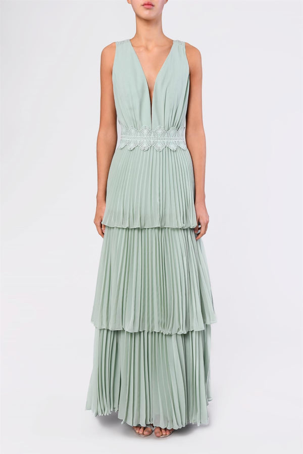 Reese Dusty-Jade Plunging Pleated Maxi Dress