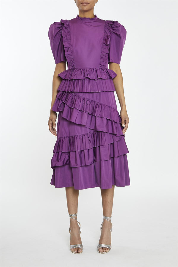 Delilah Deep-Orchid Puff-Sleeve Midi-Dress