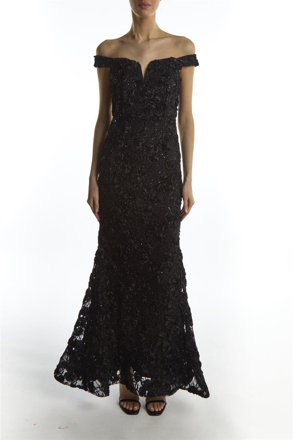 Black off-shoulder lace dress on a white background