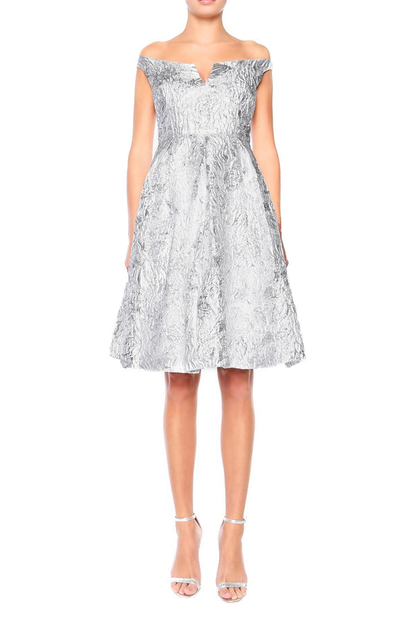 Daphne Silver White Jacquard Bardot Knee Length Dress