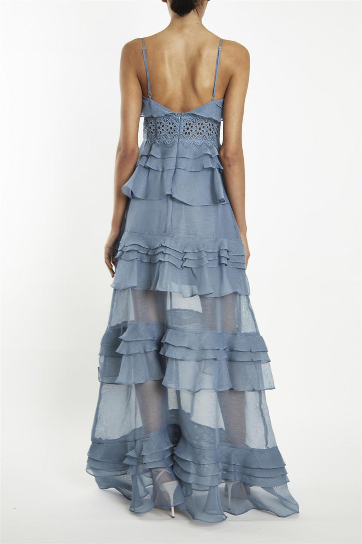 Sophia Mid Steel-Blue Plunge Front Tiered Ruffle Maxi-Dress
