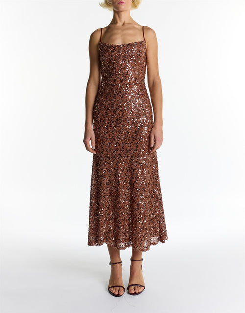 brown sequins dress Veronica Sequin Midi Dress / Chocolate | MESHKI main image 0