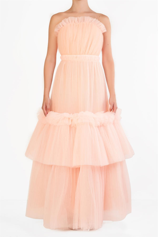 Annalise Peach Gathered Tiered Tulle Maxi Dress