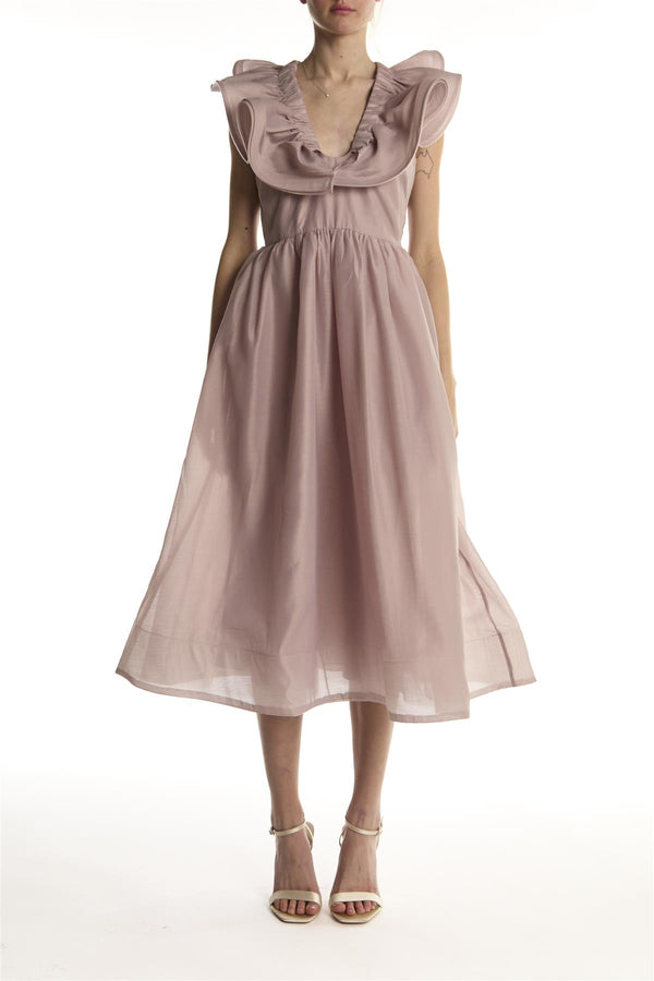 Dusty Mauve Ruffle V neck Midi Dress