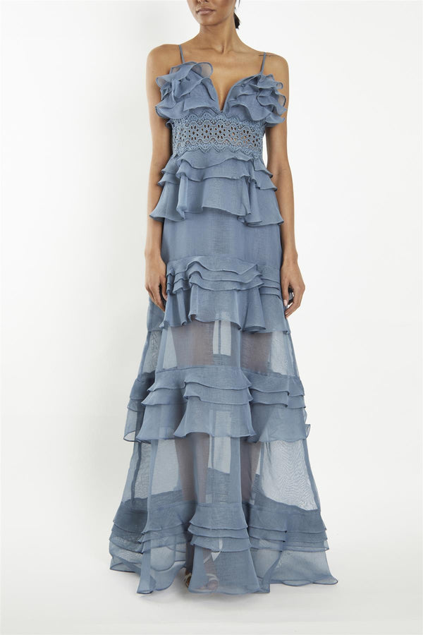 Sophia Mid Steel-Blue Plunge Front Tiered Ruffle Maxi-Dress
