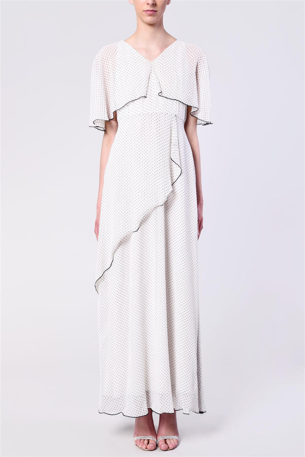 Cassidy White-Black Pinspot Cape Sleeve Maxi Dress