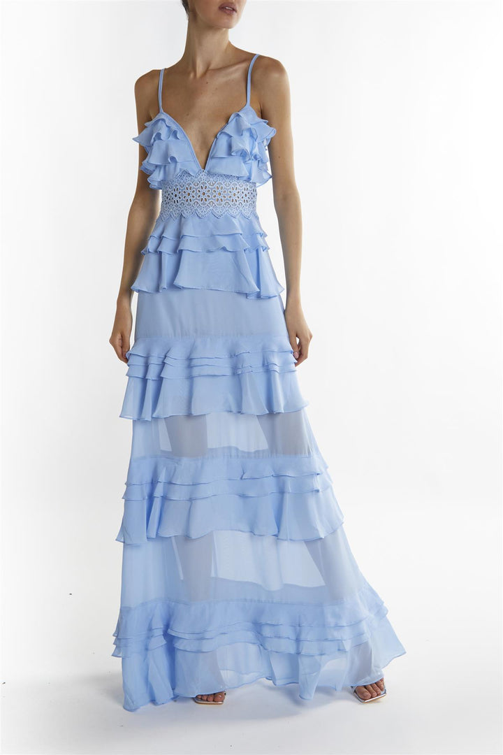 Sky-Blue Sophia Plunge Front Tiered Ruffle Maxi-Dress True Decadence