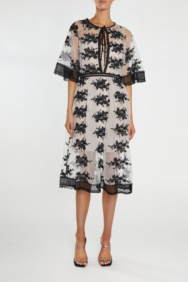 Eva Nude-Black Embroidery Lace Trim Angel Sleeve Midi-Dress