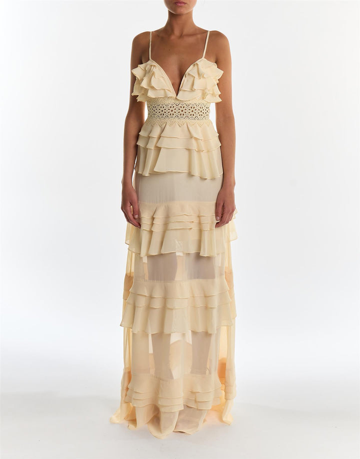 Sophia Butter Yellow Tiered Ruffle Maxi Dress