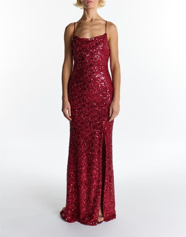 Pippa Wine Sequin Cowl Neck Slip Maxi Dress