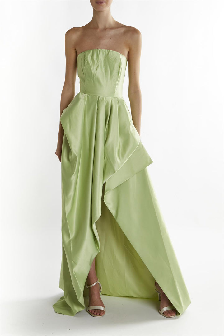 Emma Soft Green Bandeau Neck Hi-Low Hem Maxi Dress