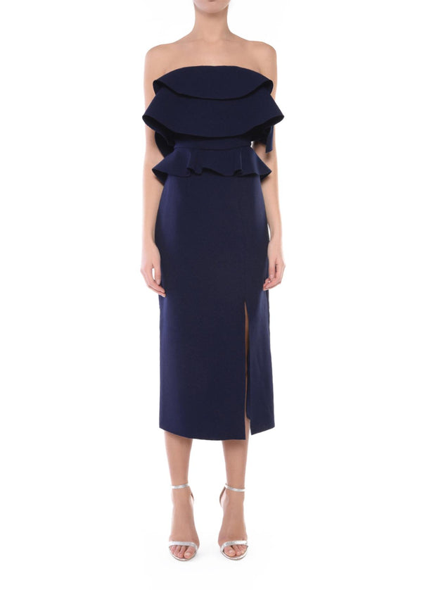 Nina Navy Structured Ruffle Midi Dress