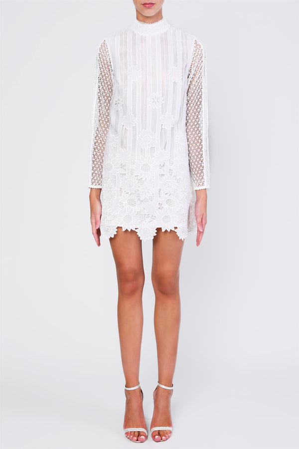 Katie White Ladder-Cutwork High neck Mini Dress