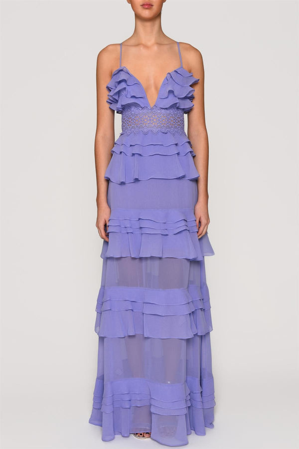 Sophia Cornflower-Blue Plunge Front Tiered Ruffle Maxi-Dress