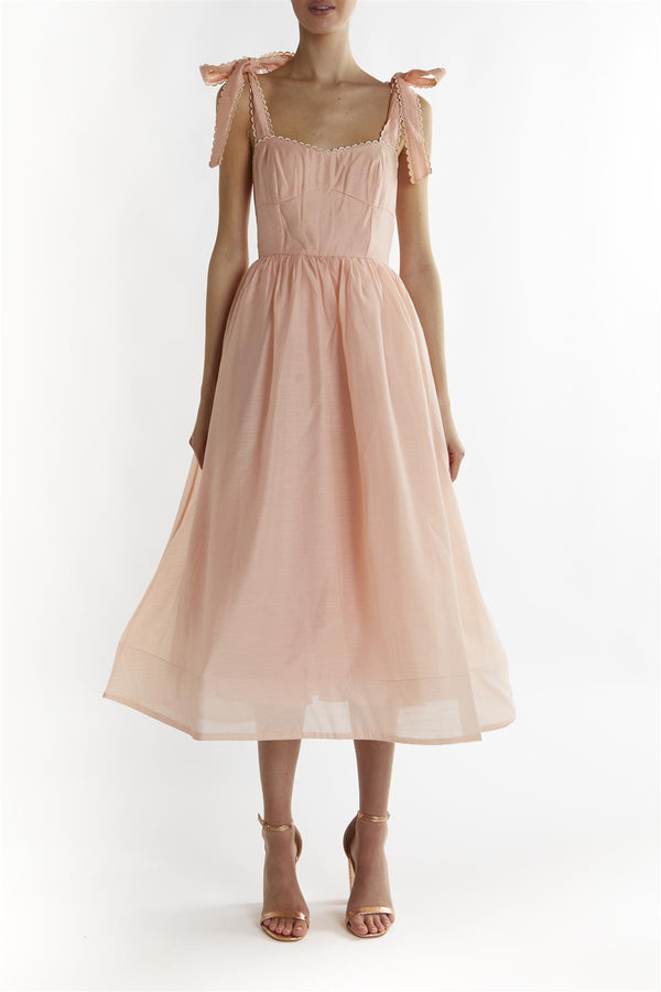 Dusty-Peach Tie-Strap Midi-Dress