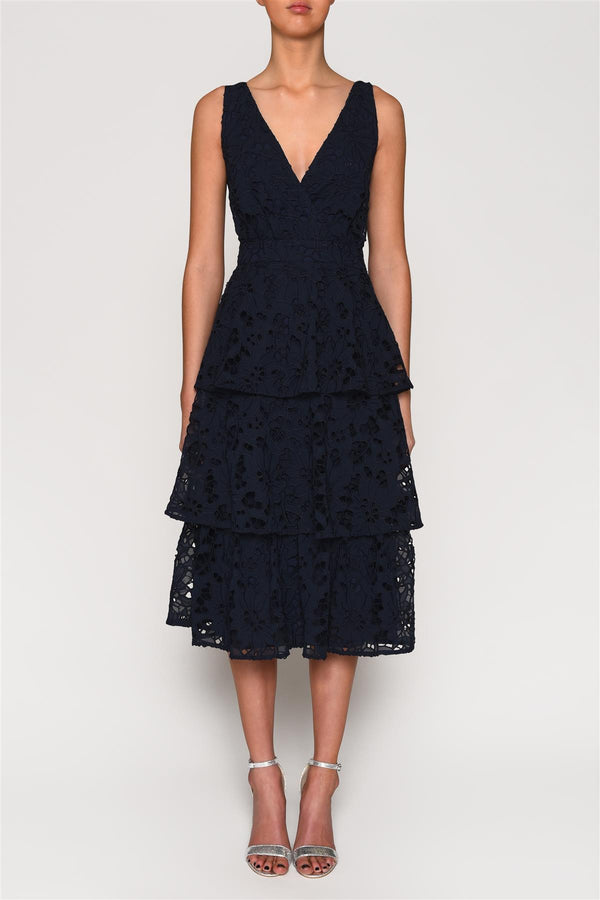 Navy-Cutwork-Organza Clara Bow Back Tiered Midi Dress