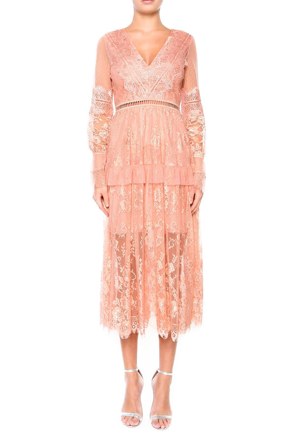 Emmie Dusty Peach V-Neck Lace Midi Dress