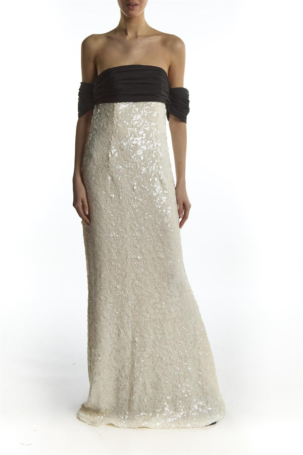 White Black Sequin Bardot Bow Maxi-Dress