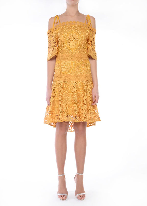 Josie Mustard Cold Shoulder Knee-Length Dress