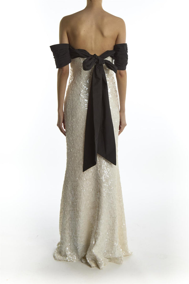 Paloma White Sequin Maxi-Dress With Black Bardot Bow Detail - True Decadence Paloma White Sequin Maxi-Dress With Black Bardot Bow Detail - True Decadence
