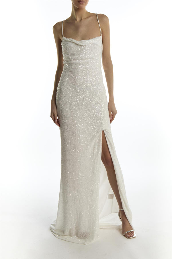 White Sequin Pippa Cowl Neck Slip Dress