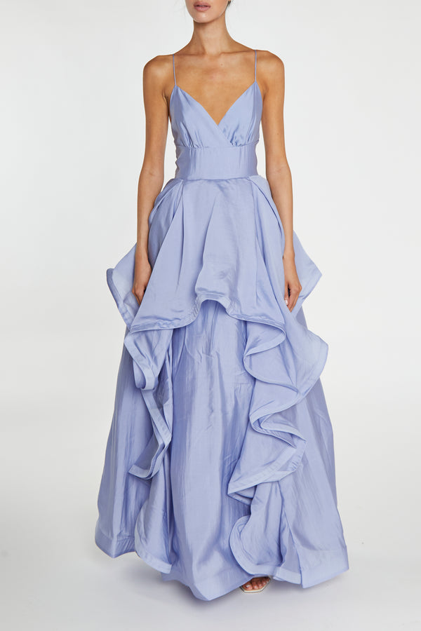 Ingrid Cornflower Blue Layered Ruffle Strappy Maxi-Dress