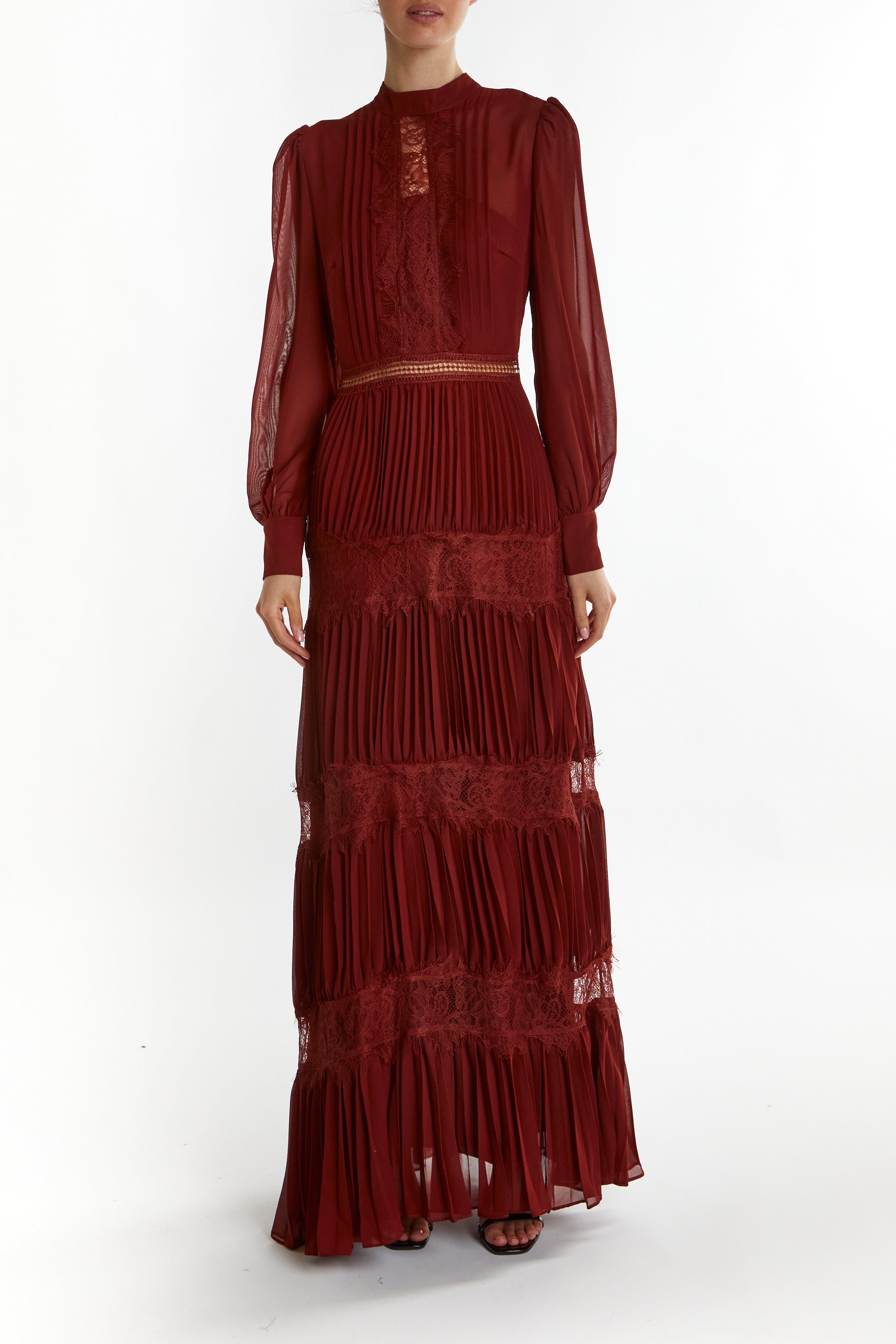 Holly Burgundy High-Neck Pleated Maxi Dress - True Decadence Holly Burgundy High-Neck Pleated Maxi Dress - True Decadence