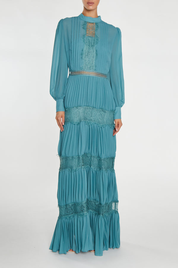 Holly Mineral Blue High-Neck Pleated Maxi Dress