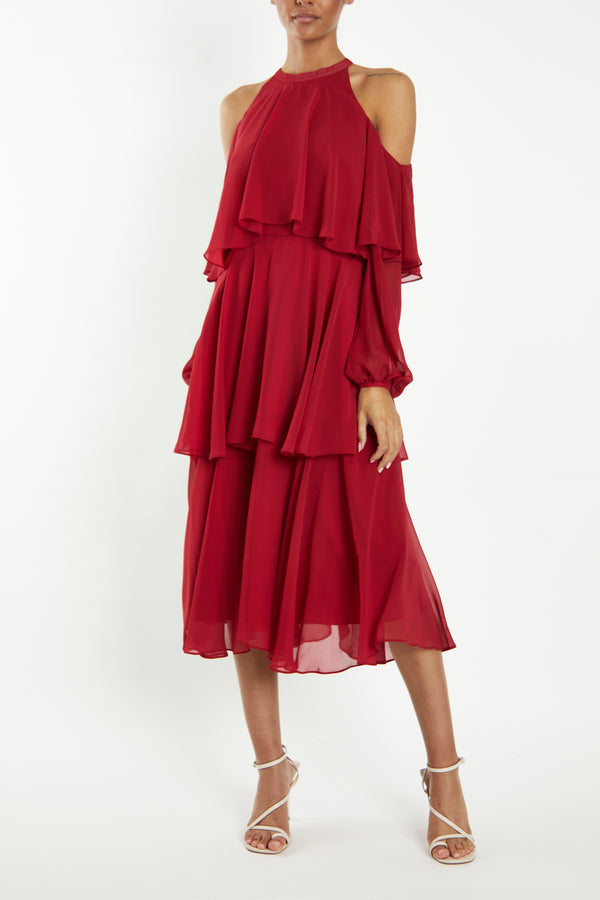 Pale Crimson Red Cold Shoulder Midi Dress