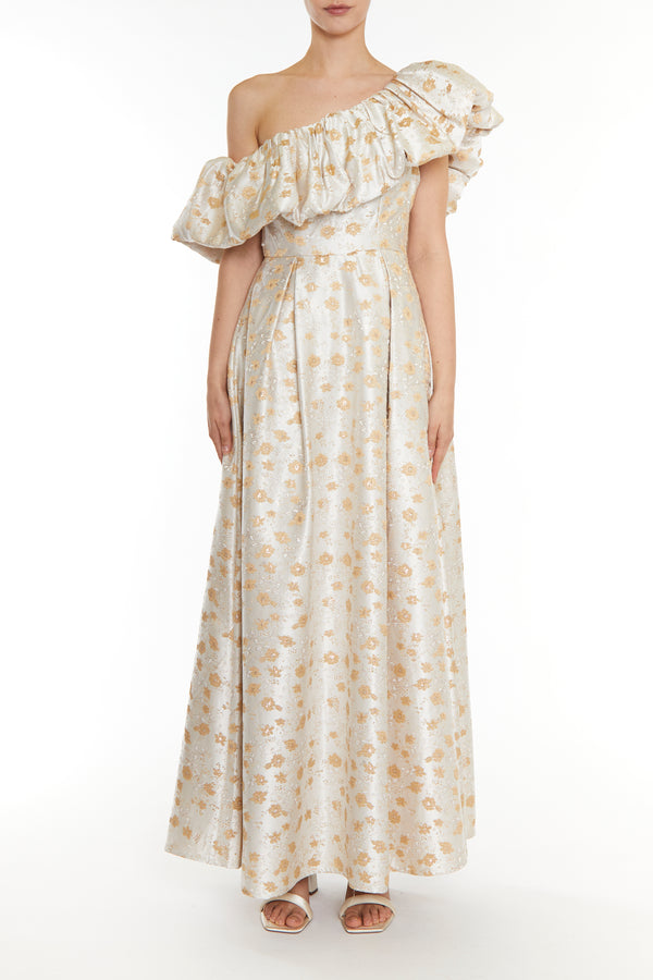 Blake Cream Gold Jacquard Puff One Shoulder Maxi-Dress