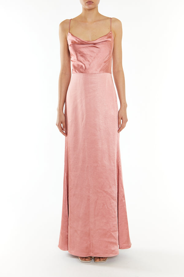 Vivian Dusty Peach Cowl-Neck Bias Cut Maxi-Dress