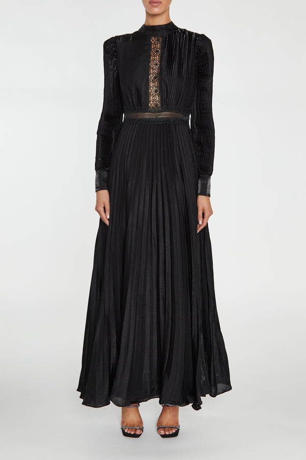 Athena Black Pleated Long Sleeve Maxi-Dress