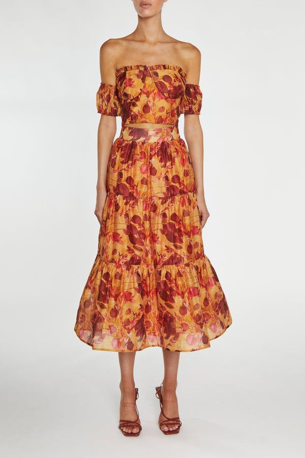 Phoebe Co-ord Golden Leaf-Print Tiered Midi Skirt