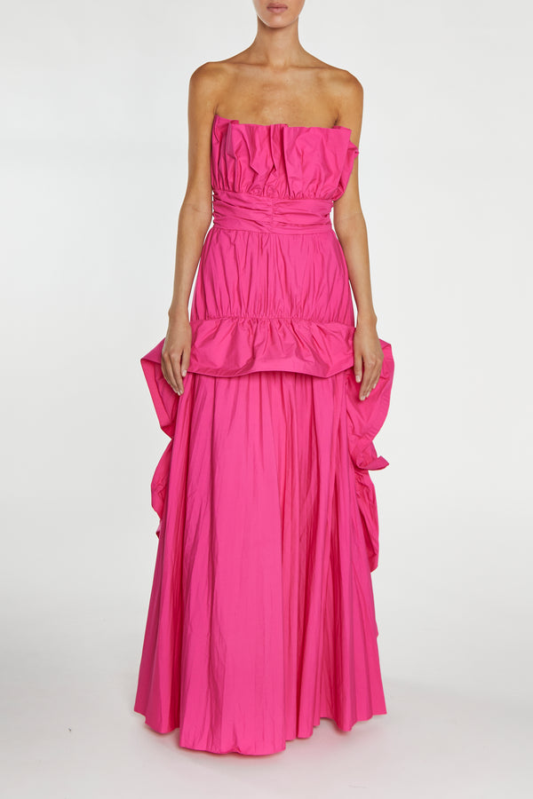 Clarissa Magenta-Pink Bandeau Pleated Ruffle Maxi-Dress